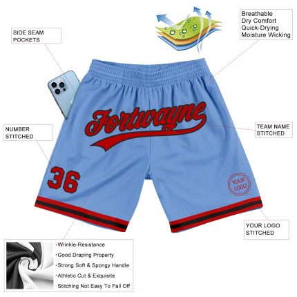 Personalized Authentic Basketball Shorts - Light Blue Red-Black Throwback Style Personalized Light Blue Red-Black Authentic