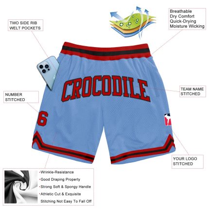 Custom Team Name Number Authentic Throwback Basketball Shorts Light Blue Red-Black Personalized Light Blue Red-Black Authentic