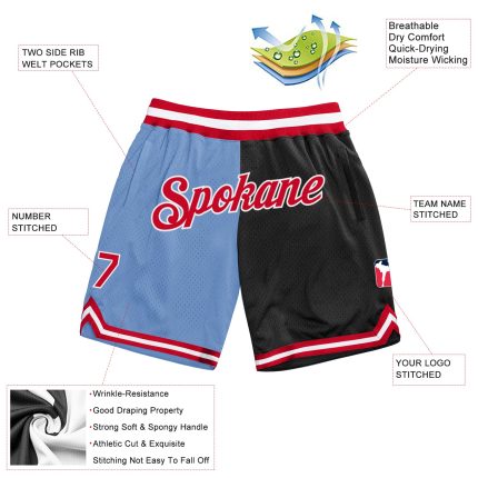 Custom Name & Number Authentic Basketball Shorts - Light Blue Red-Black Split Fashion Design Personalized Light Blue Red-Black