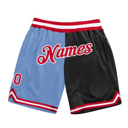 Custom Name & Number Authentic Basketball Shorts - Light Blue Red-Black Split Fashion Design Personalized Light Blue Red-Black