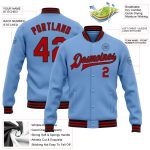 Light Blue Red Black Personalized Varsity Letterman Bomber Jacket Full-Snap Personalized Light Blue Red-Black Bomber Full-Snap