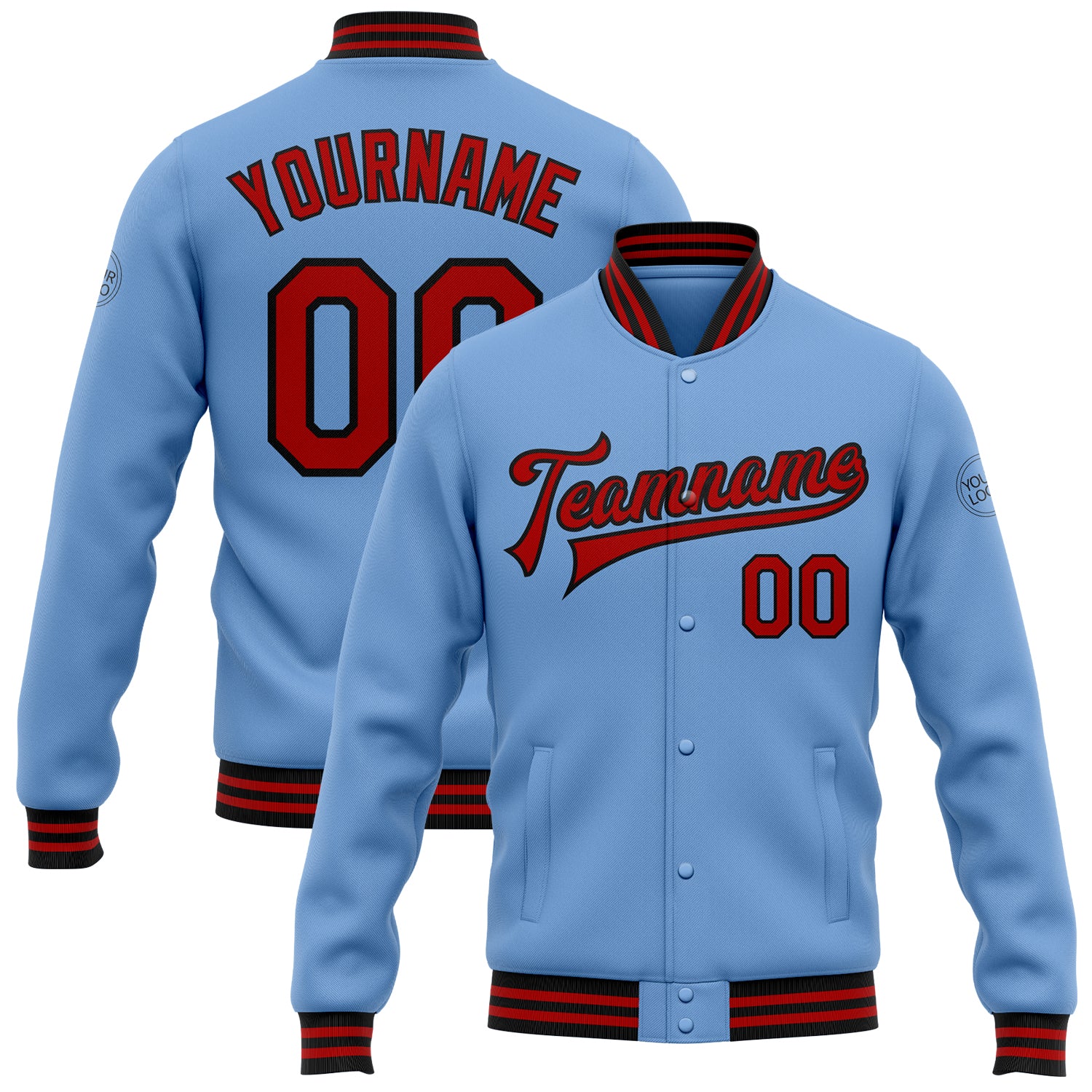 Light Blue Red Black Personalized Varsity Letterman Bomber Jacket Full-Snap Personalized Light Blue Red-Black Bomber Full-Snap