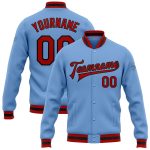 Custom Team Name Number Light Blue Red Black Varsity Jacket Personalized Full-Snap Bomber Letterman Personalized Light Blue