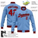 Custom Team Name Number Light Blue Red Black Varsity Jacket Personalized Full-Snap Bomber Letterman Personalized Light Blue