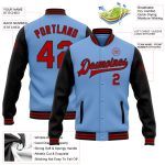 Custom Team Name Number Bomber Jacket - Light Blue Red-Black Two Tone Full-Snap Varsity Letterman Personalized Light Blue