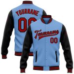 Custom Team Name Number Bomber Jacket - Light Blue Red-Black Two Tone Full-Snap Varsity Letterman Personalized Light Blue