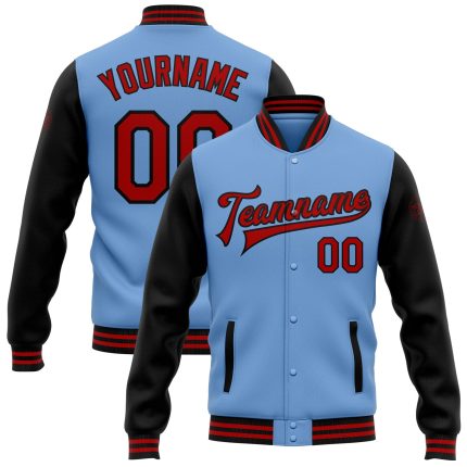 Custom Team Name Number Bomber Jacket - Light Blue Red-Black Two Tone Full-Snap Varsity Letterman Personalized Light Blue