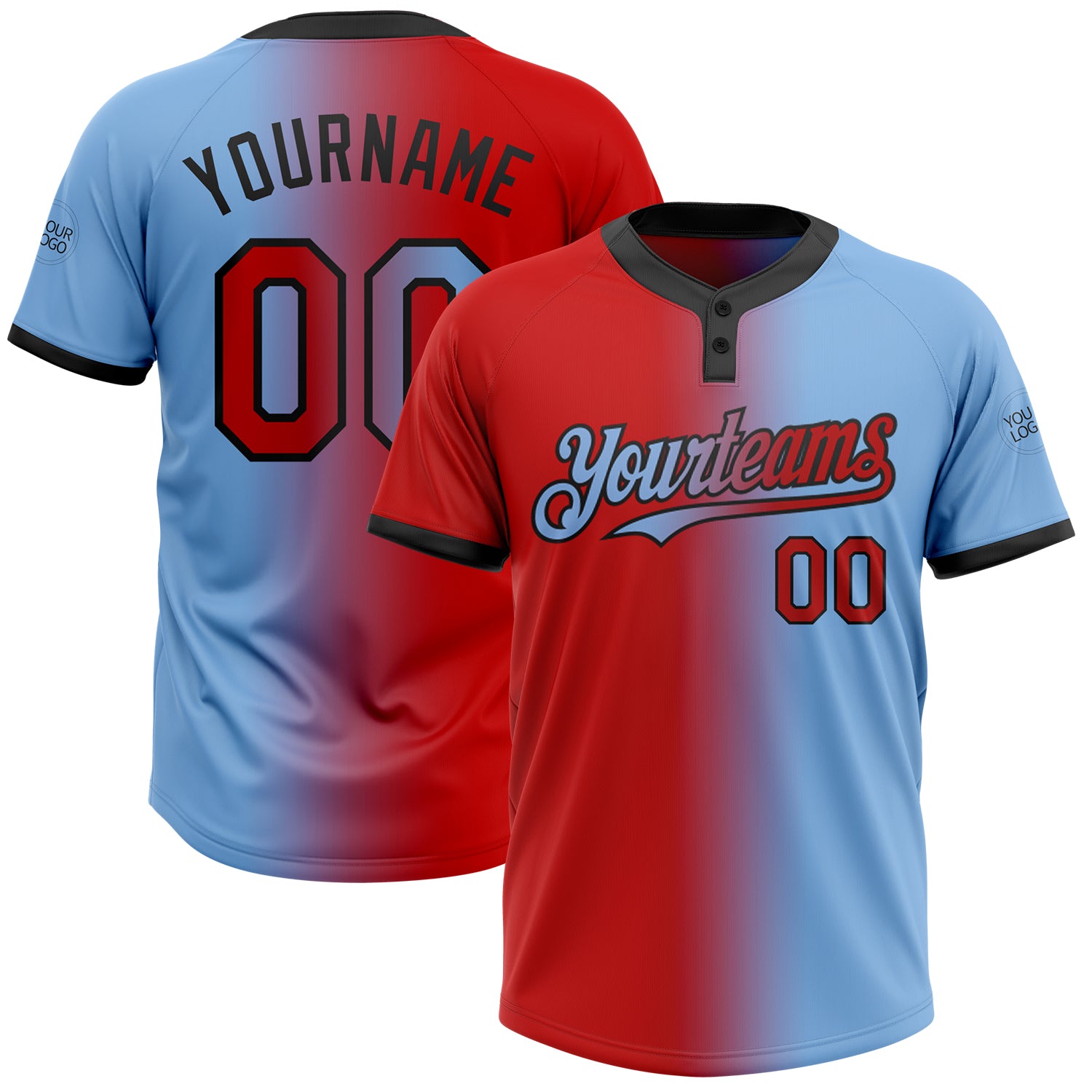 Custom Name and Number Softball Jersey - Light Blue Red-Black Gradient Unisex Two-Button Fashion Design Personalized Light