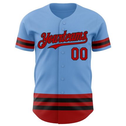 Custom Name and Number Authentic Baseball Jersey - Personalized Light Blue with Red and Black Lines Personalized Light Blue