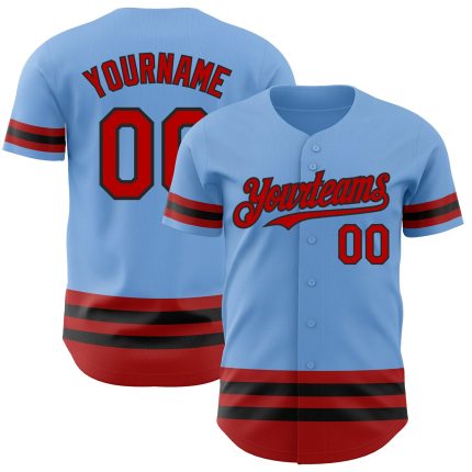 Custom Name and Number Authentic Baseball Jersey - Personalized Light Blue with Red and Black Lines Personalized Light Blue