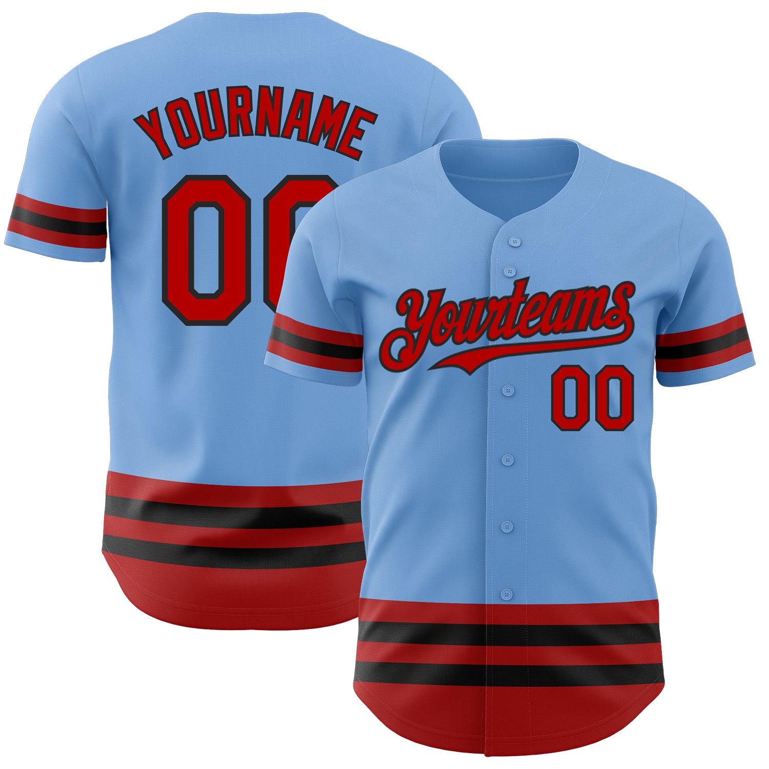 Custom Name and Number Authentic Baseball Jersey - Personalized Light Blue with Red and Black Lines Personalized Light Blue