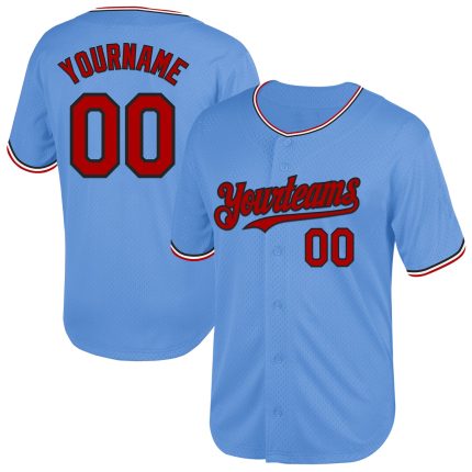Custom Light Blue Red-Black Mesh Baseball Jersey with Personalized Name and Number - Authentic Throwback Team Apparel Personalized