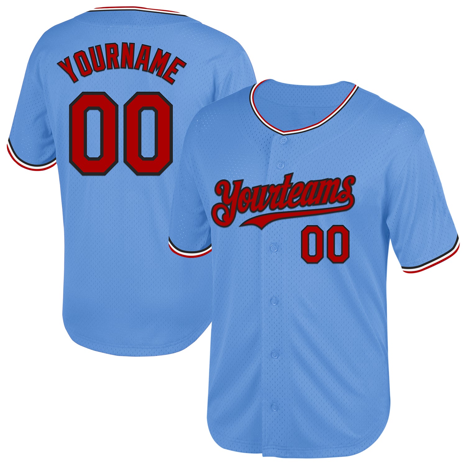 Custom Light Blue Red-Black Mesh Baseball Jersey with Personalized Name and Number - Authentic Throwback Team Apparel Personalized