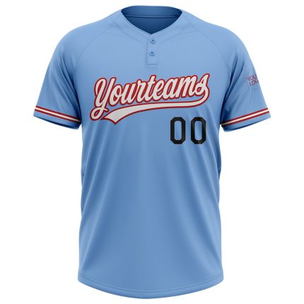 Light Blue Red Black Unisex Personalized Softball Jersey - Two-Button Design Personalized Light Blue Red-Black Two-Button