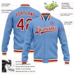 Custom Varsity Letterman Jacket with Name and Number - Personalized Light Blue Red-Cream Full-Snap Bomber Style Personalized