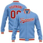 Custom Varsity Letterman Jacket with Name and Number - Personalized Light Blue Red-Cream Full-Snap Bomber Style Personalized