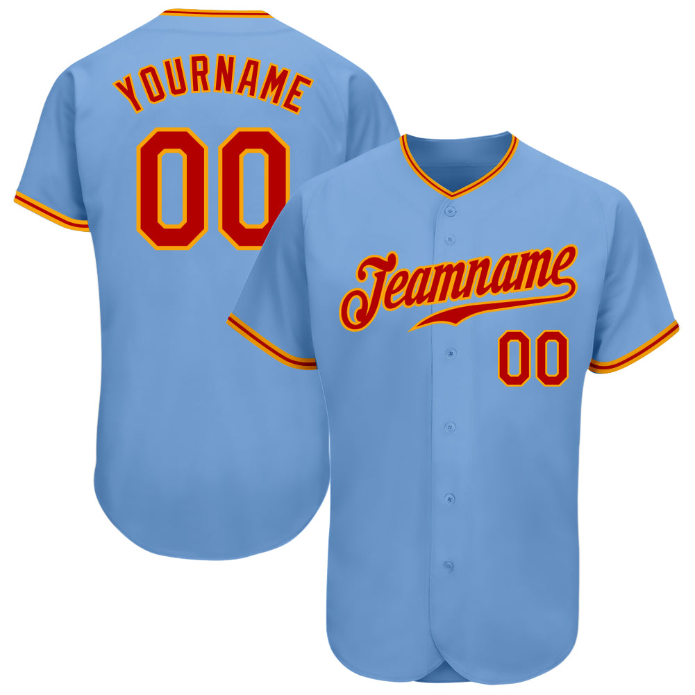 Customizable Authentic Baseball Jersey with Name and Number - Light Blue Red-Gold Design Personalized Light Blue Red-Gold