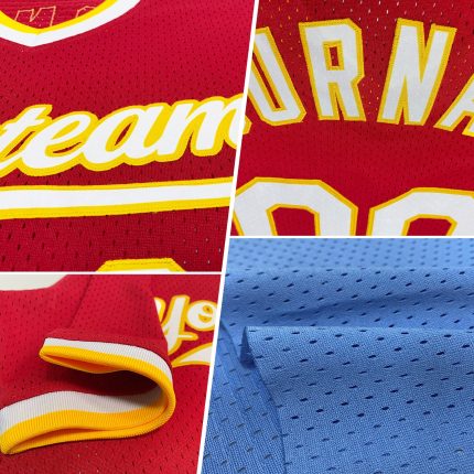 Custom Authentic Throwback Baseball Jersey - Personalized Light Blue Red-Gold Team Name & Number Personalized Light Blue