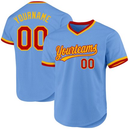 Custom Authentic Throwback Baseball Jersey - Personalized Light Blue Red-Gold Team Name & Number Personalized Light Blue
