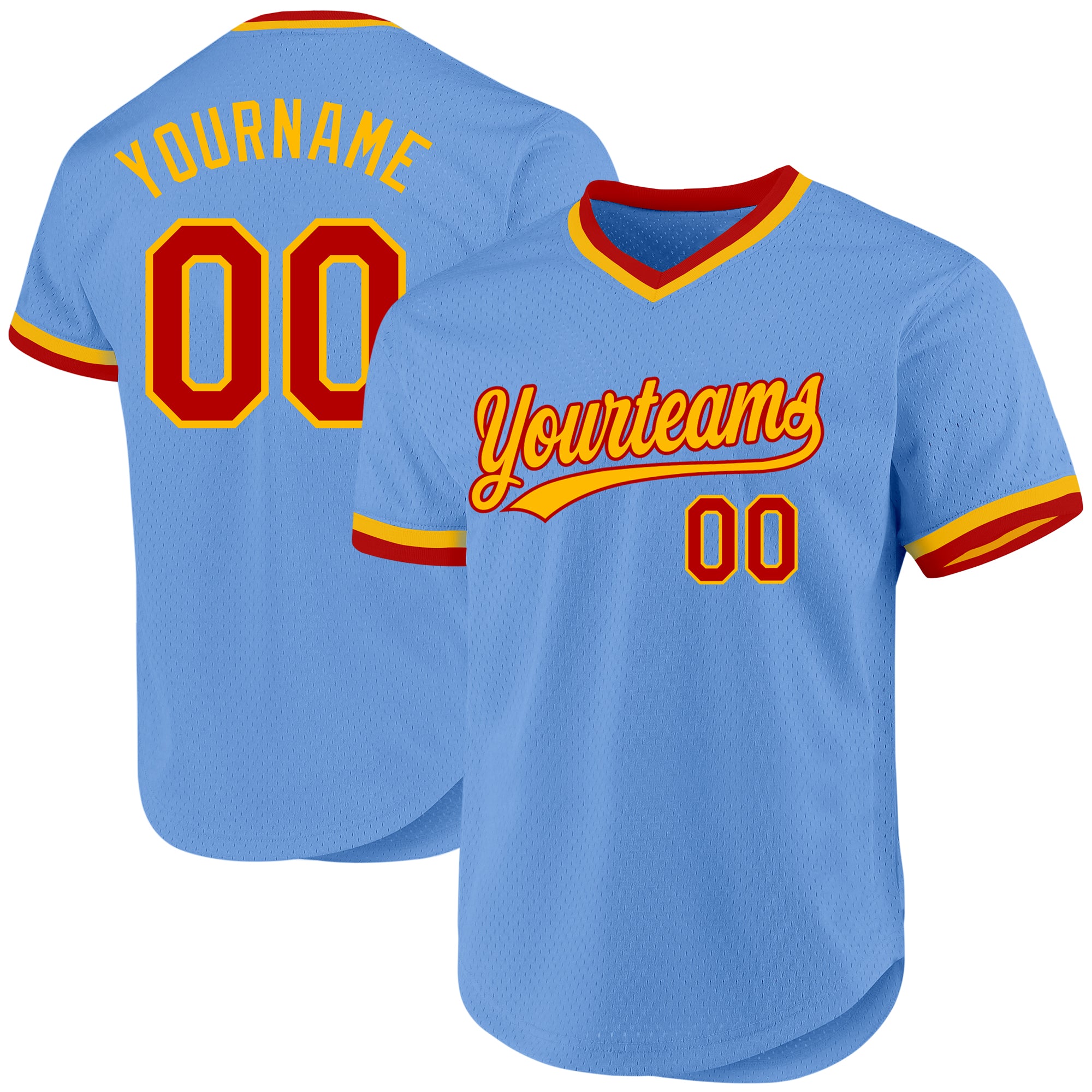 Custom Authentic Throwback Baseball Jersey - Personalized Light Blue Red-Gold Team Name & Number Personalized Light Blue