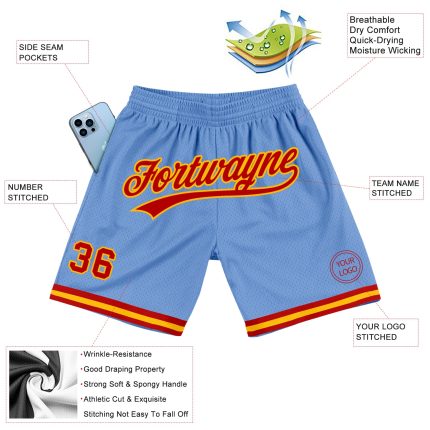 Personalized Light Blue Red Gold Basketball Shorts - Authentic Throwback Style Personalized Light Blue Red-Gold Authentic