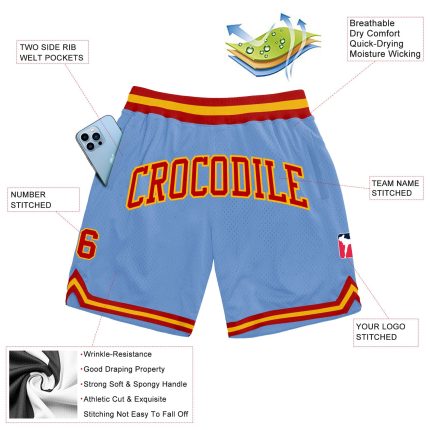 Custom Name Number Authentic Basketball Shorts Light Blue Red Gold Throwback Team Personalized Light Blue Red-Gold Authentic