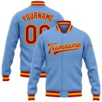 Custom Name and Number Varsity Letterman Jacket Light Blue Red-Gold Bomber Full-Snap Personalized Light Blue Red-Gold Bomber