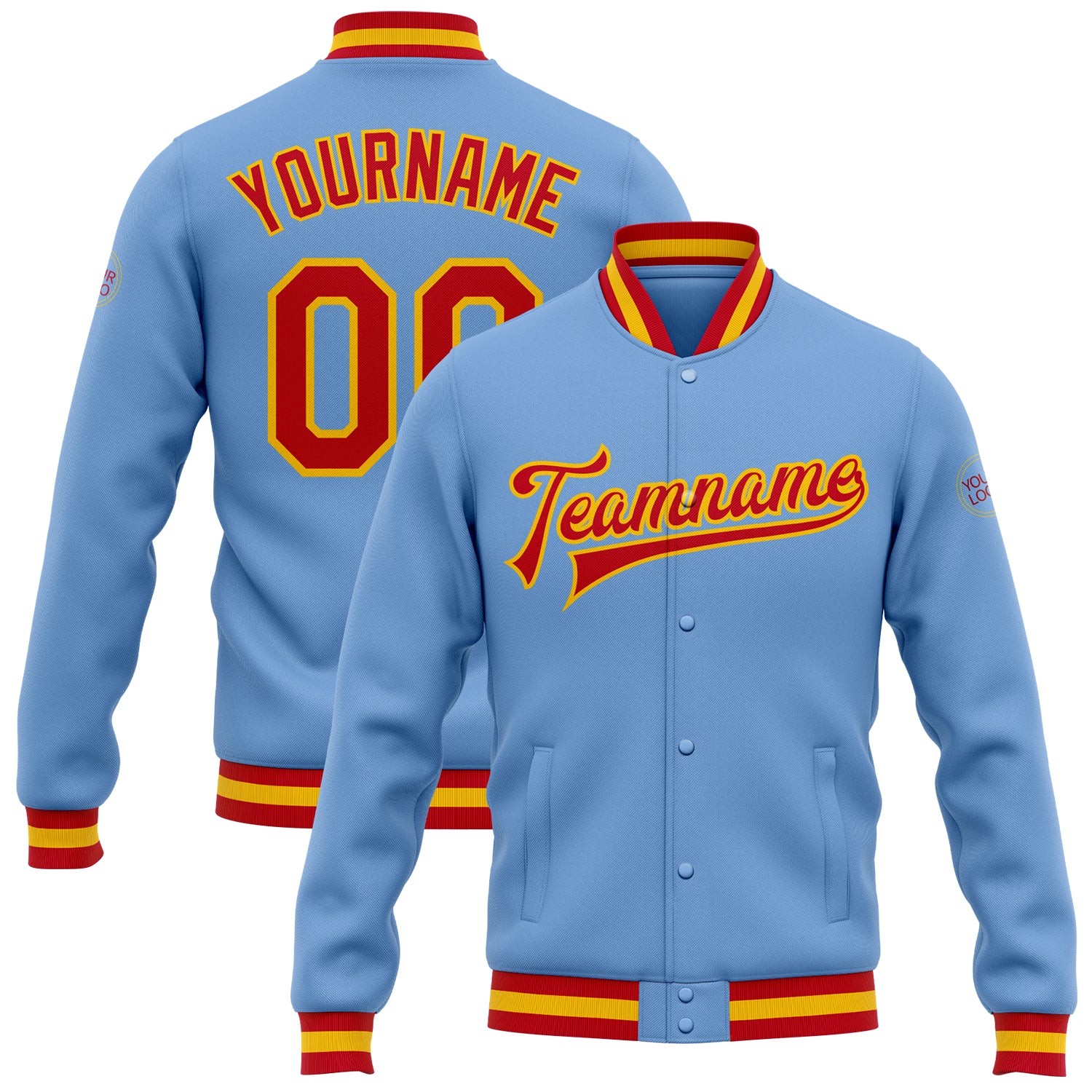 Custom Name and Number Varsity Letterman Jacket Light Blue Red-Gold Bomber Full-Snap Personalized Light Blue Red-Gold Bomber