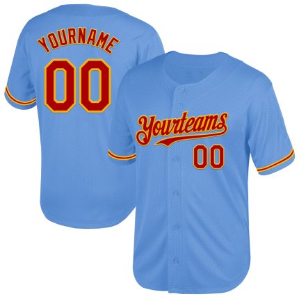 Custom Name & Number Authentic Throwback Baseball Jersey - Personalized Light Blue Red-Gold Mesh Team Apparel Personalized