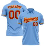 Custom Light Blue Red-Gold Vapor Golf Polo Shirt with Team Name and Number - Personalized Performance Apparel Personalized