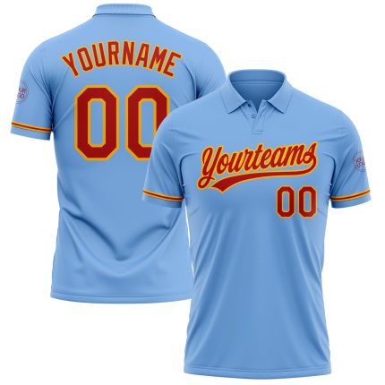 Custom Light Blue Red-Gold Vapor Golf Polo Shirt with Team Name and Number - Personalized Performance Apparel Personalized
