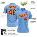 Custom Light Blue Red-Gold Vapor Golf Polo Shirt with Team Name and Number - Personalized Performance Apparel Personalized