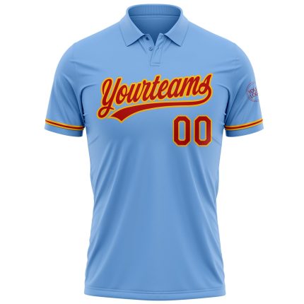 Custom Light Blue Red-Gold Vapor Golf Polo Shirt with Team Name and Number - Personalized Performance Apparel Personalized
