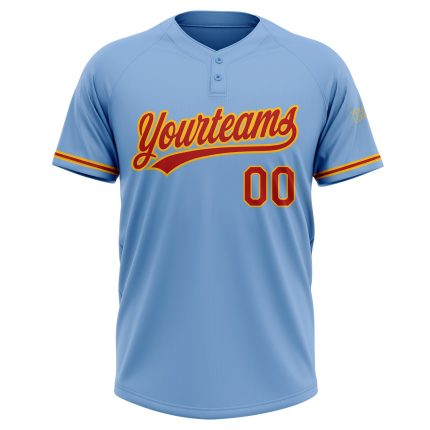 Custom Name and Number Softball Jersey - Light Blue Red-Gold Unisex Two-Button Design Personalized Light Blue Red-Gold Two-Button
