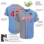 Custom Name and Number Baseball Jersey - Light Blue Red-Gray Authentic Split Fashion Team Apparel Personalized Light Blue