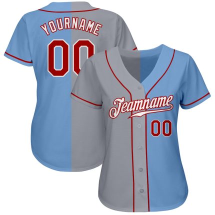 Custom Name and Number Baseball Jersey - Light Blue Red-Gray Authentic Split Fashion Team Apparel Personalized Light Blue