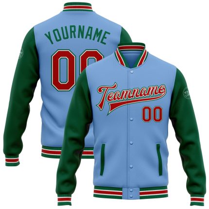 Custom Varsity Letterman Jacket with Name and Number - Light Blue Red-Kelly Green Two Tone Bomber Full-Snap Design Personalized