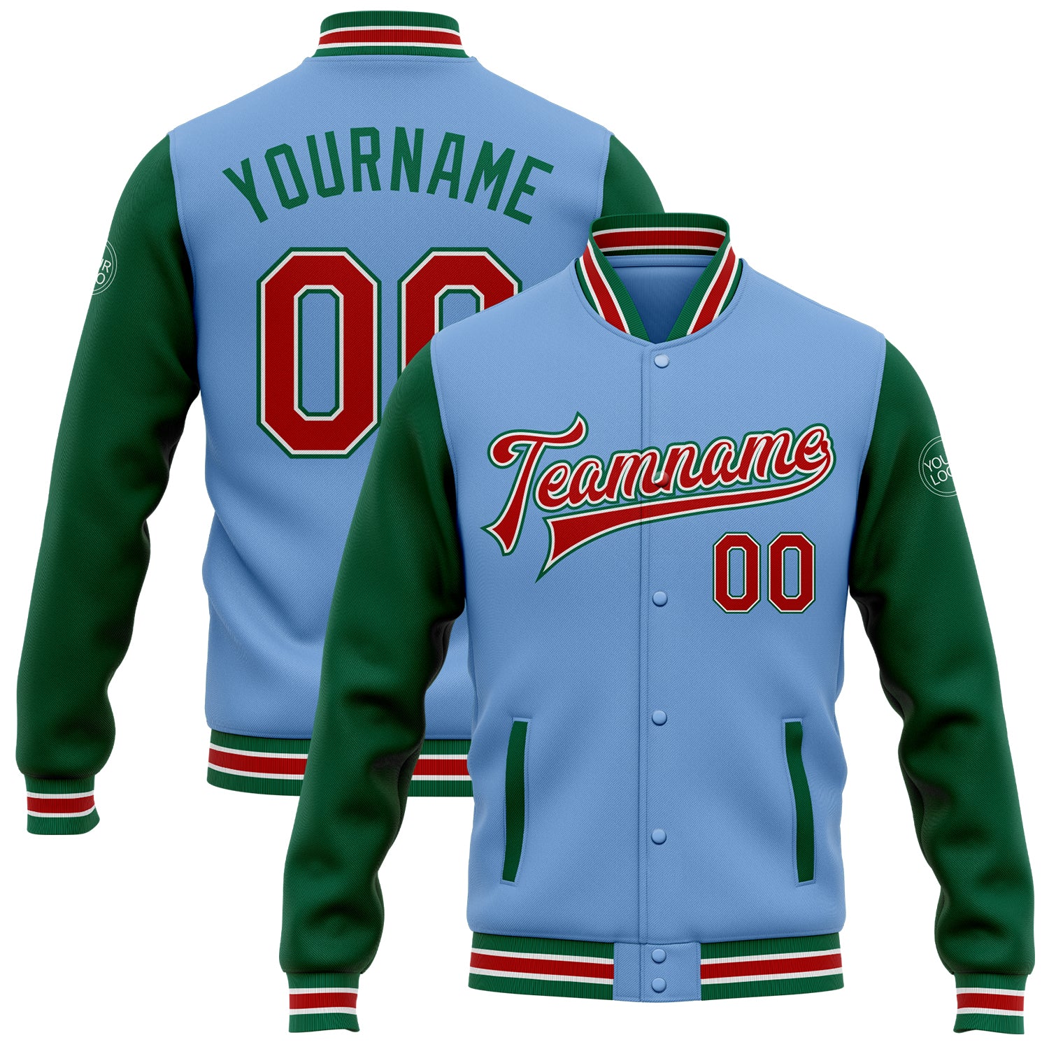 Custom Varsity Letterman Jacket with Name and Number - Light Blue Red-Kelly Green Two Tone Bomber Full-Snap Design Personalized