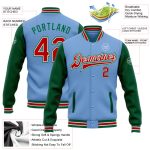Custom Varsity Letterman Jacket with Name and Number - Light Blue Red-Kelly Green Two Tone Bomber Full-Snap Design Personalized