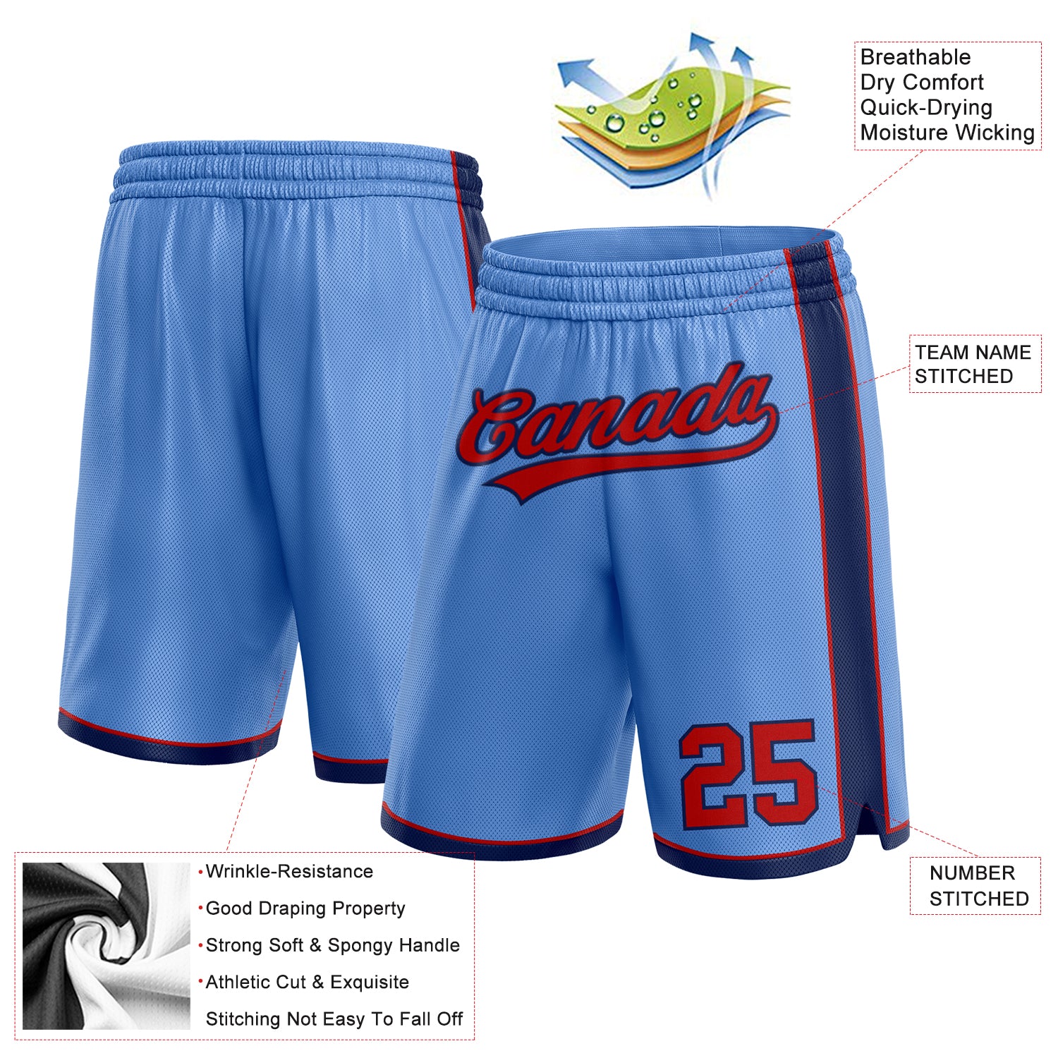 Personalized Light Blue Red-Navy Authentic Basketball Shorts Team Custom Name and Number Personalized Custom Name and Number Authentic Basketball Shorts Light Blue Red Navy Personalized Light Blue Red-Navy Authentic - Image 2