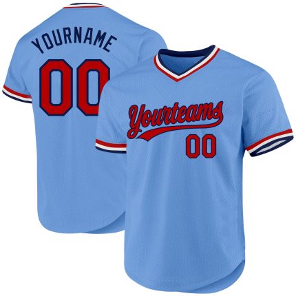 Custom Light Blue Red Navy Baseball Jersey with Personalized Name and Number - Authentic Throwback Style Personalized Light