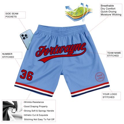Custom Personalized Basketball Shorts with Name and Number - Light Blue Red-Navy Authentic Throwback Style Personalized Light