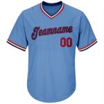 Personalized Authentic Throwback Baseball Jersey Shirt - Light Blue Red-Navy Rib-Knit Design Personalized Light Blue Red-Navy