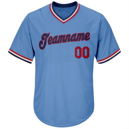 Personalized Authentic Throwback Baseball Jersey Shirt - Light Blue Red-Navy Rib-Knit Design Personalized Light Blue Red-Navy