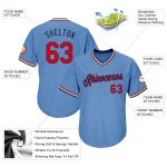 Personalized Authentic Throwback Baseball Jersey Shirt - Light Blue Red-Navy Rib-Knit Design Personalized Light Blue Red-Navy