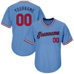 Personalized Authentic Throwback Baseball Jersey Shirt - Light Blue Red-Navy Rib-Knit Design Personalized Light Blue Red-Navy