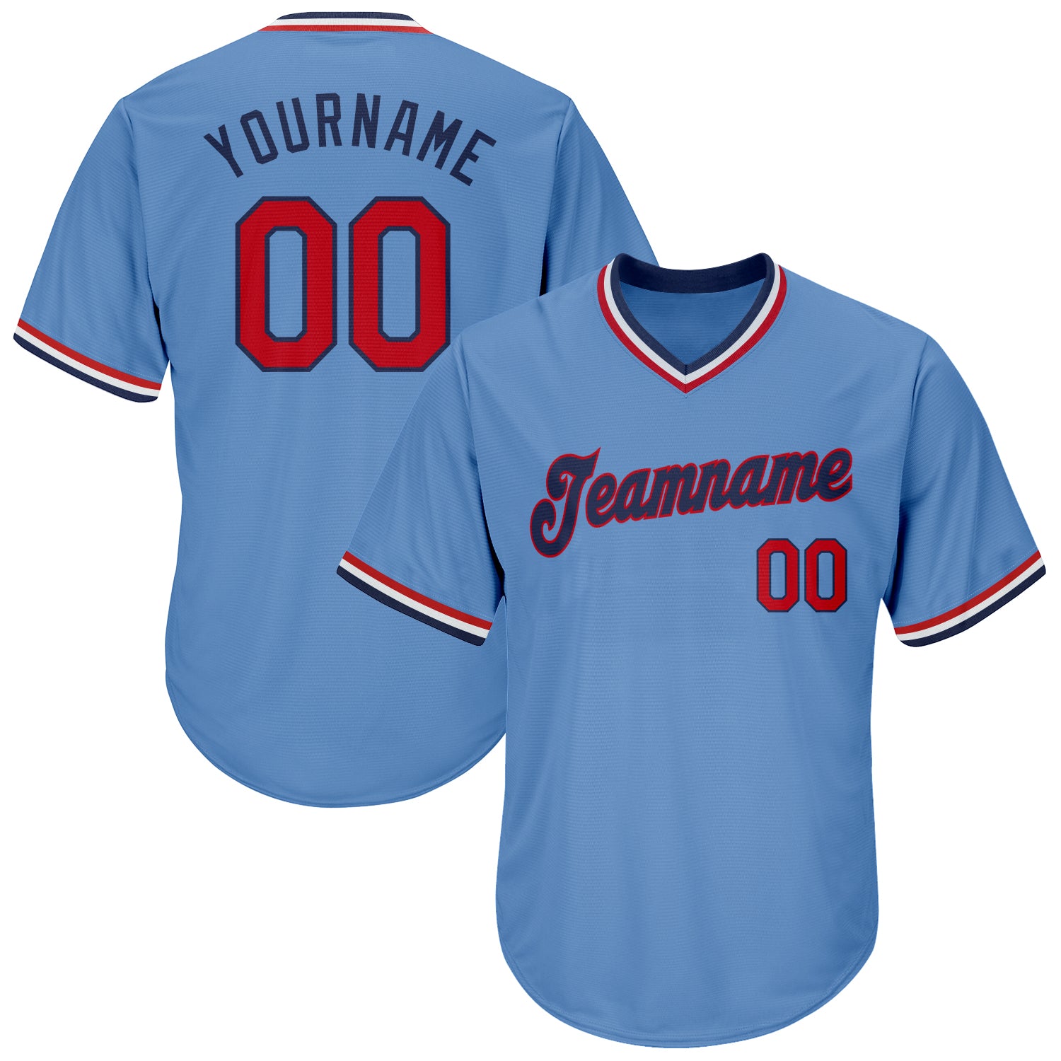 Personalized Authentic Throwback Baseball Jersey Shirt - Light Blue Red-Navy Rib-Knit Design Personalized Light Blue Red-Navy
