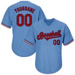 Custom Light Blue Red-Navy Baseball Jersey Shirt with Personalized Name and Number - Authentic Throwback Rib-Knit Design