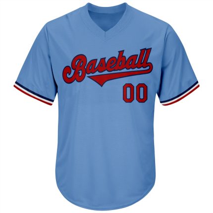Custom Light Blue Red-Navy Baseball Jersey Shirt with Personalized Name and Number - Authentic Throwback Rib-Knit Design
