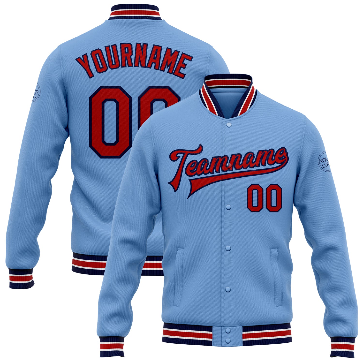 Custom Name and Number Varsity Letterman Jacket Light Blue Red-Navy Bomber Personalized Light Blue Red-Navy Bomber Full-Snap